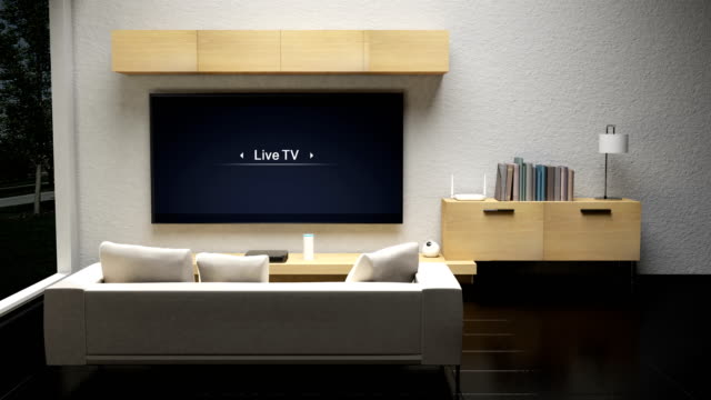 Wohnzimmer-mit-TV,-Glühbirne,-AI,-Energieeinsparung,-Erfolgskontrolle,-intelligente-Haushaltsgeräte,-Internet-der-Dinge.-4K-Film