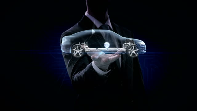 Businessman-opens-palm,-Electronic,--ion-battery-echo-car.-Charging-car-battery.-Battery-level-check,-future-car.-side-around-view.-4k-movie.