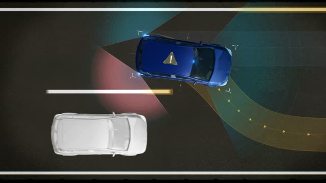 Evitando-colisiones,-prevención-de-salida-de-carril,-vehículo-autónomo,-automática-tecnología-de-conducción.-vista-superior.-Vehículo-sin-tripulación,-IOT-conectar-coche.-4-película-de-tamaño-k.
