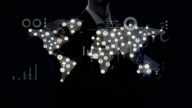 Businessman-touching-Dots,-connecting-line,-dots-makes-global-world-map,-internet-of-things.-4k-movie.