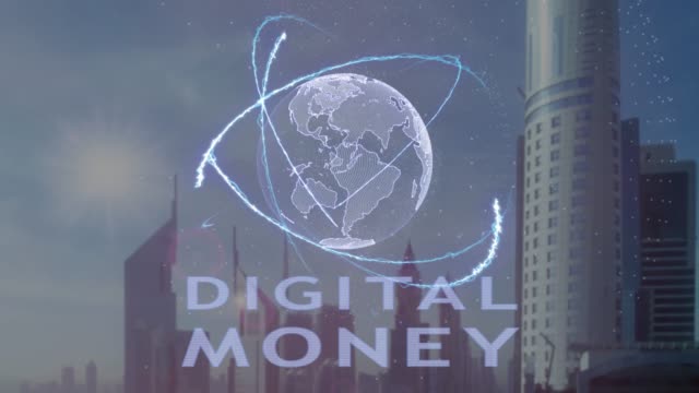 Digitales-Geld-Text-mit-3d-Hologramm-des-Planeten-Erde-vor-dem-Hintergrund-der-modernen-Metropole