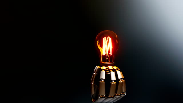 Robotic-hand-gives-light-bulb-to-viewer,-symbol-of-creation-idea-by-artificial-intelligence.-Abstract-dark-background,-60-fps-animation