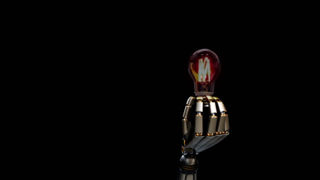 Cyborg-hand-gives-light-bulb-to-viewer,-symbol-of-creation-idea-by-artificial-intelligence.-Black-background,-60-fps-animation