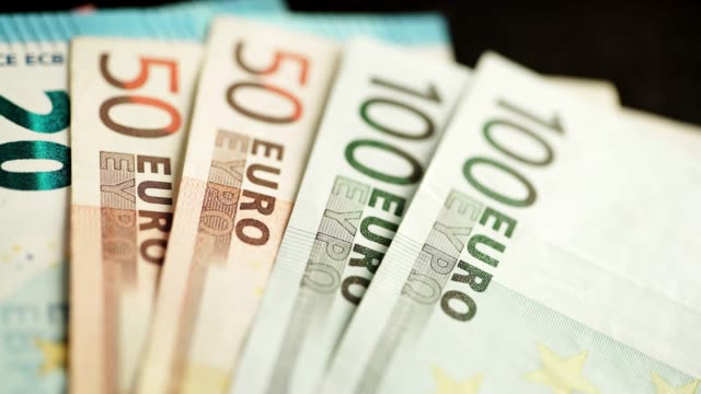 Closeup-euro-banknotes-background,-doly-shot-4K