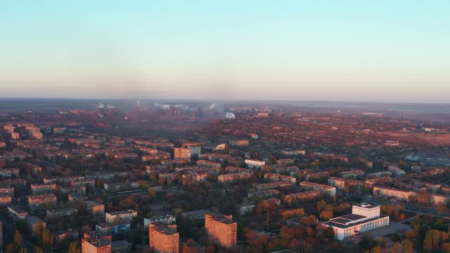 Aerial-view.-Smog-over-a-residential-area-in-the-city.-Evening-time.