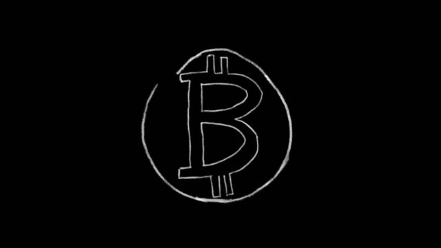 Animiertes-Bitcoin-Symbol,-Kreideschlag-auf-schwarzem-Hintergrund,-ideal-zum-Compoting,-als-Maske,-ideal-für-Daten,-Business,-Finanzen-und-Internet