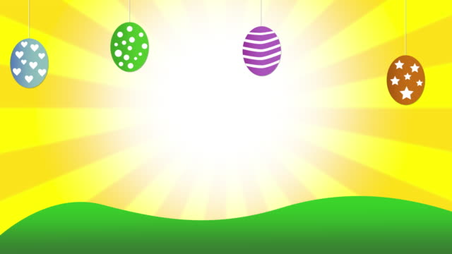 Schöne-Zeichentrickstil-Happy-Easter-text-mit-animierten-hängenden-bunten-Ostereiern-in-4k.-Cartoon,-Urlaubsthema-animierter-Hintergrund.