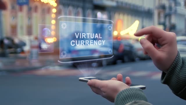 Manos-femeninas-interactúan-holograma-HUD-Moneda-virtual