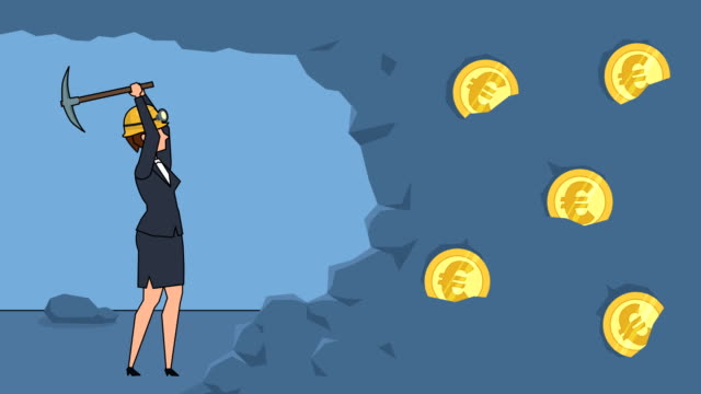 Flache-Cartoon-Geschäftsfrau-Bergmann-Charakter-arbeiten-mit-Spitzhacke-Business-Euro-Konzept-Animation