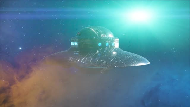 ufo-flying-saucer-on-dark-background.-3d-render