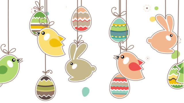 Feliz-Animación-pascual-navideña-con-pájaros,-conejos-y-huevos-de-Pascua