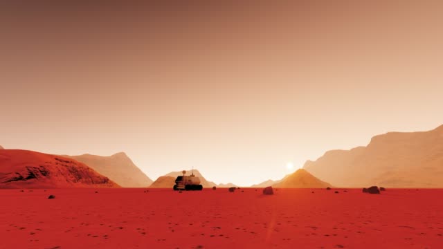 3D-Illustration-mit-roten-Mars-Kolonie-auf-Staub-Hintergrund.-Mars-Planeten-Station-Orbitbasis.-Weltraums.-Stadtlandschaft.-4k