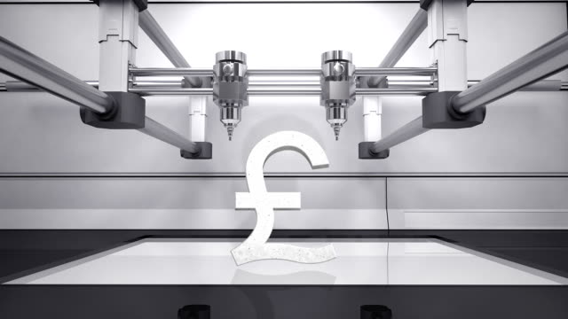 3D-printer-making-Pound-money-grey-currency-sign,-3D-scanner