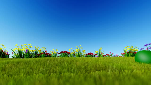 Easter-eggs-on-green-meadow-over-blue-sky,-panning
