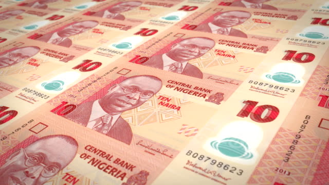 Serie-de-billetes-de-diez-naira-Nigeria-del-Banco-Central-de-Nigeria-en-pantalla,-monedas-del-mundo,-dinero-en-efectivo,-lazo