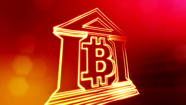 Sign-of-bitcoin-logo-inside-the-bank-building.-Financial-background-made-of-glow-particles-as-vitrtual-hologram.-Shiny-3D-loop-animation-with-depth-of-field,-bokeh-and-copy-space..-Red-background-v1.