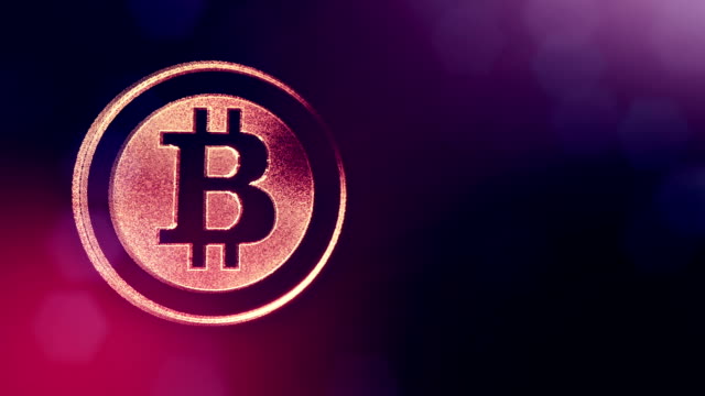 Bitcoin-Logo-im-inneren-Kreise-wie-Münze.-Finanzieller-Hintergrund-aus-Glühen-Teilchen-als-Vitrtual-Hologramm.-Glänzende-Schleife-3D-Animation-mit-Tiefe-Feld,-Bokeh-und-Kopie.-Violettem-Hintergrund-1