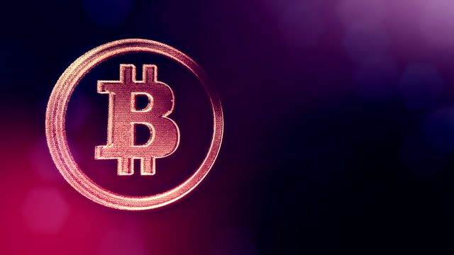 Bitcoin-Logo-auf-einer-Münze-von-Partikeln.-Finanzieller-Hintergrund-aus-Glühen-Teilchen-als-Vitrtual-Hologramm.-Glänzende-Schleife-3D-Animation-mit-Tiefe-Feld,-Bokeh-und-Kopie.-Violettem-Hintergrund-1