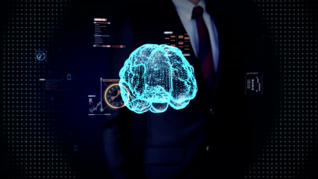Empresario-tocar-cerebro-digital,-puntos-forma-conectada-del-cerebro,-líneas-digitales-en-interfaz-del-indicador-digital,-crecer-futuro-inteligencia-artificial.