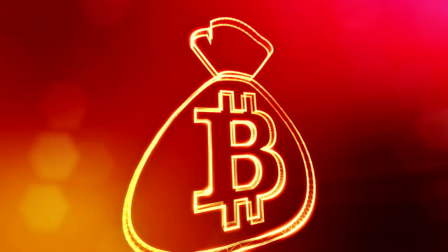 Bitcoin-Logo-auf-der-Tasche.-Finanzkonzept.-Finanzieller-Hintergrund-aus-Glühen-Teilchen-als-Vitrtual-Hologramm.-Glänzende-nahtlose-3D-Animation-mit-Tiefe-von-Feld,-Bokeh-und-Kopie-Raum.-Rote-Farbe-v2