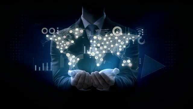 Businessman-opens-two-palms,-Dots-connecting-line,-dots-makes-global-world-map,-internet-of-things.-4k-movie.