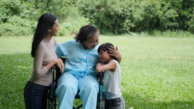 Großmutter-sitzt-im-Rollstuhl-mit-Tochter-und-Enkelin-im-Park-gemeinsam-genießen