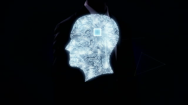 Businessman-touching-CPU-chip-circuit-board,-connected-human-head-shape,-4K-movie.grow-artificial-intelligence.