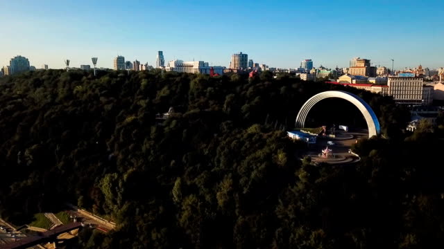 People's-Friendship-Arch-Kiev-(Kiyv)-Ukraine-and-center.-Aerial-drone-video-footage-from-above.