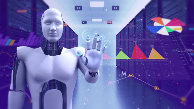 Futuristische-Advanced-Humanoid-Robot-Monitoring-Server