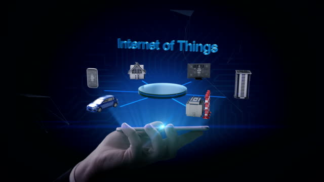 Heben-Smartphone,-Handy,-Smart-House,-Fabrik,-Gebäude,-Auto,-Internet-Sensor-verbinden-'Internet-der-Dinge',-4k-Film.