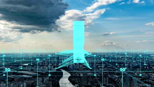 city-hyperlapse-Aerial-city-connected-through-5G.-Cloud-computing-icons-technology-concept,-Wireless-network,-mobile-technology-and-data-communication,-artificial-intelligence,-internet,-4K