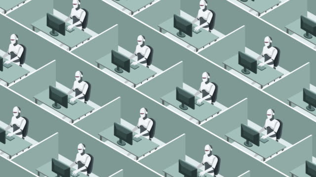 Robots-futuristas-trabajan-en-una-computadora-en-la-oficina-de-cubículos
