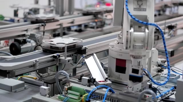Industrie-4.0-Smart-Factory-Konzept;-Roboterarm-montiert-das-Produkt
