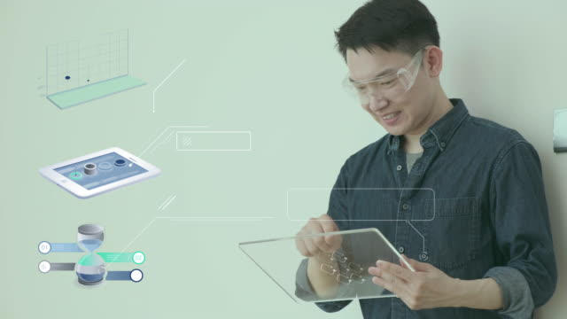 Asian-smart-success-man-with-hi-tech-smart-gadget-technology-work-from-home-WFH,-business-investment-graph-chart-3D-futuristic-virtual-hologram,-finance-business-report-data-management-technology.