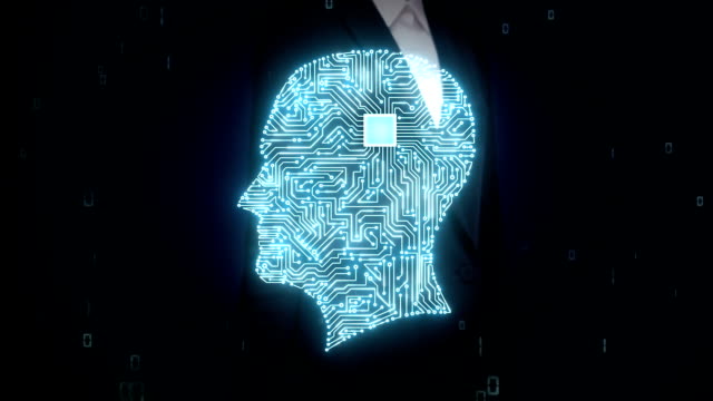 Mujer-de-negocios-tocando-cerebro-cabeza,-conectar-las-líneas-digitales,-la-inteligencia-artificial