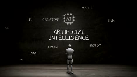 Robot-standing-wall,-Handwriting-concept-of-'Artificial-Intelligence'-at-chalkboard.