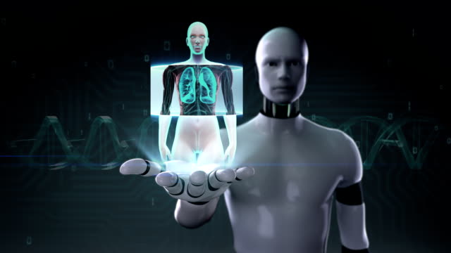Roboter-offene-Hand,-menschliche-Lunge,-pulmonale-Diagnostik.-X-ray-Blaulicht.