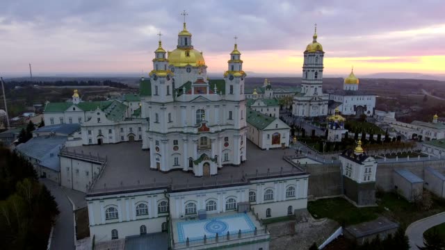 Aerial-view-of-Pochaev-Monastery,-Pochayiv-Lavra,-Ukraine.