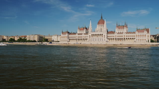 Schöne-Gebäude-des-ungarischen-Parlaments-in-Budapest,-in-der-Vordergrund-Donau