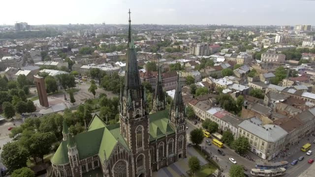 Aerial-view-of-the-Church-Of-St.-Elizabeth-In-Lviv,-Ukraine
