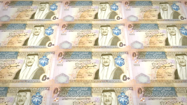 Banknoten-von-fünfzig-Jordanische-Dinar-von-Jordanien-Rollen,-Bargeld,-Schleife
