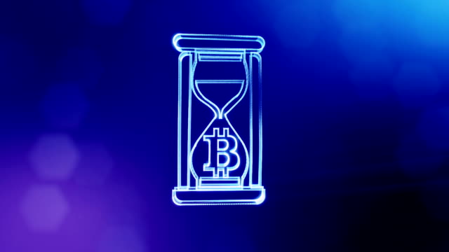 Sign-of-bitcoin-in-hourglass.-Financial-background-made-of-glow-particles-as-vitrtual-hologram.-Shiny-3D-loop-animation-with-depth-of-field,-bokeh-and-copy-space.-Blue-background-1