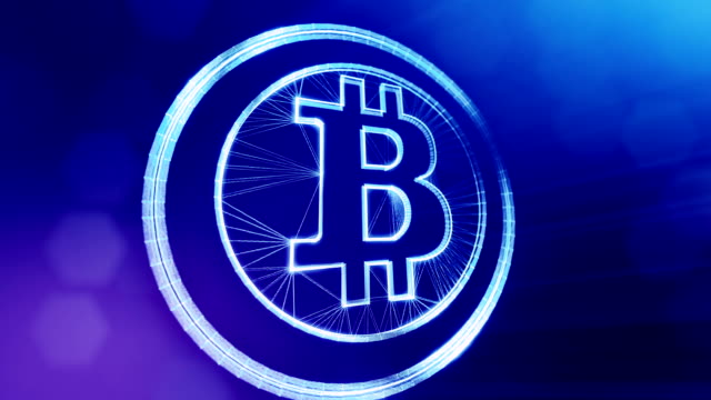 Bitcoin-Logo-im-inneren-Kreise-wie-Münze.-Finanzieller-Hintergrund-aus-Glühen-Teilchen-als-Vitrtual-Hologramm.-Glänzende-Schleife-3D-Animation-mit-Tiefe-Feld,-Bokeh-und-Kopie.-Blauer-Hintergrund-1