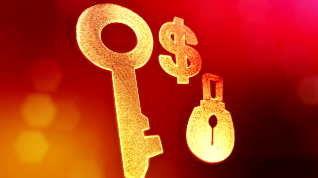 dollar-sign-and-emblem-of-lock-and-key.-Finance-background-of-luminous-particles.-3D-loop-animation-with-depth-of-field,-bokeh-and-copy-space-for-your-text.-red-color-v1