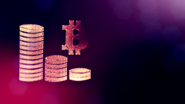 Zeichen-der-Bitcoin-und-Stapel-von-Münzen.-Finanzieller-Hintergrund-aus-Glühen-Teilchen-als-Vitrtual-Hologramm.-Glänzende-Schleife-3D-Animation-mit-Tiefe-Feld,-Bokeh-und-Kopie.-Violette-Farbe-v2