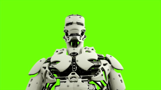 Robot-android-presiona-las-teclas.-Movimiento-lazo-realista-en-pantalla-verde-de-fondo.-4K