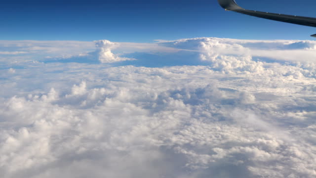 Flight-above-clouds-and-airplane-wing-in-4K