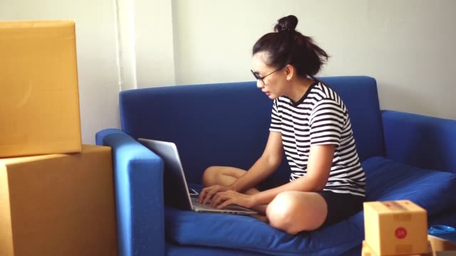 Frauen,-die-zu-Hause-arbeiten,-per-Laptop-für-kleine-Unternehmen-zu-Hause