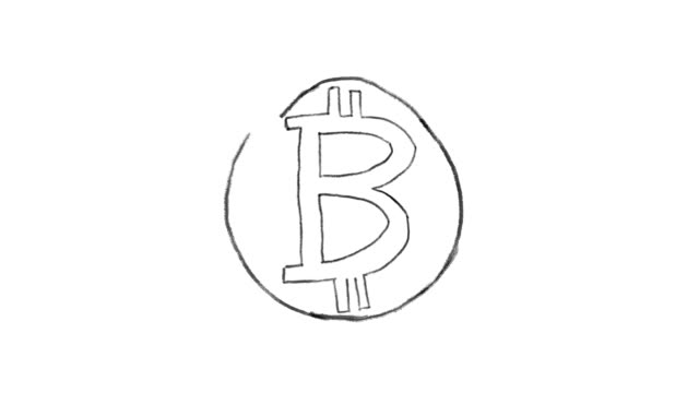 Animiertes-Bitcoin-Symbol,-Kreideschlag-auf-weißem-Hintergrund,-ideal-zum-Compoting,-als-Maske,-ideal-für-Daten,-Business,-Finanzen-und-Internet