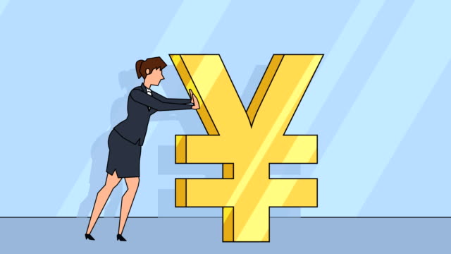 Flache-Cartoon-Geschäftsfrauen-Charakter-schiebt-ein-Yen-Zeichen-Geldkonzept-Animation-mit-alpha-matt